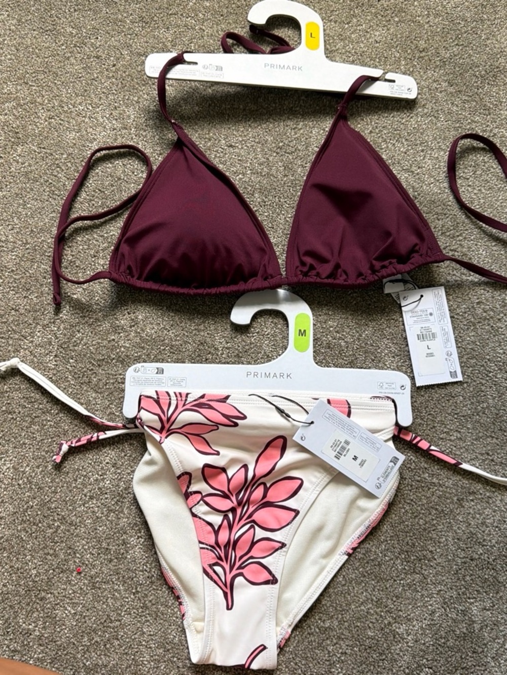 Primark Burgundy Triangle Bikini Top with Cream & Pink Leaf Print Bottoms